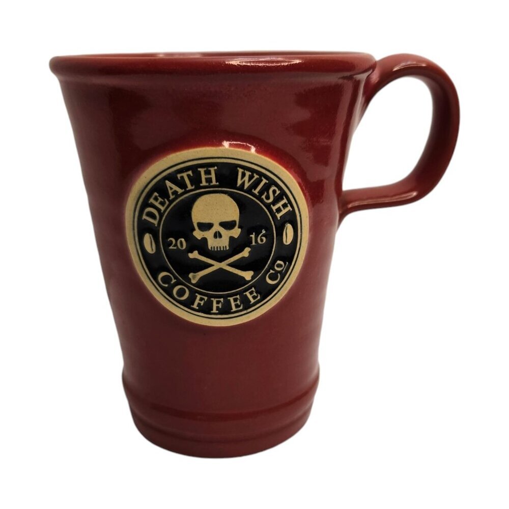 Daneen Pottery Handthrown 2015 Red Death wish coffee mug approx 16 oz